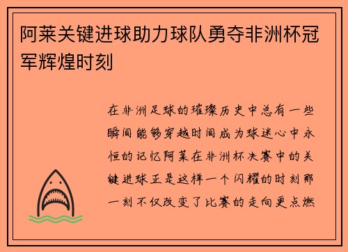 阿莱关键进球助力球队勇夺非洲杯冠军辉煌时刻
