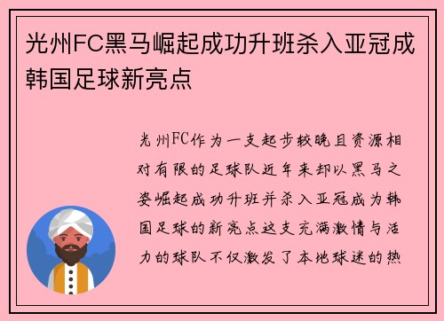 光州FC黑马崛起成功升班杀入亚冠成韩国足球新亮点