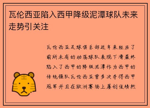 瓦伦西亚陷入西甲降级泥潭球队未来走势引关注